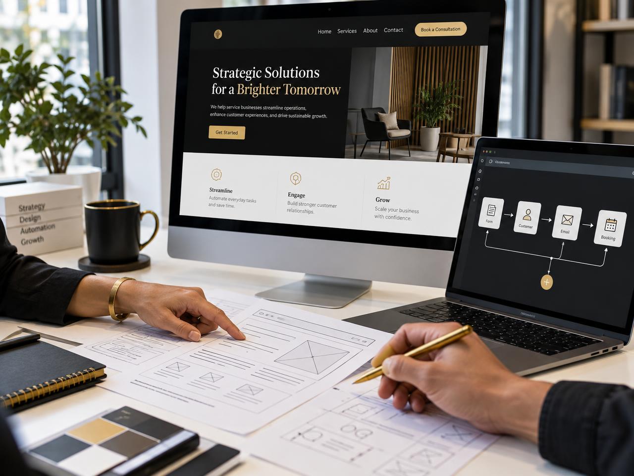 Website wireframes being reviewed alongside a finished design and connected automation workflow
