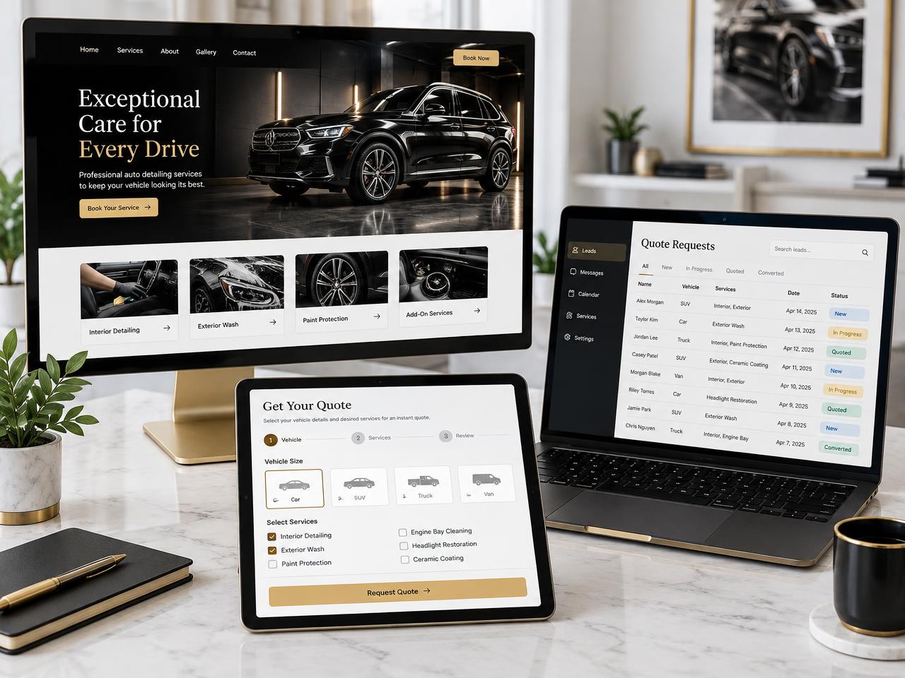 Example service website, quote calculator and lead management dashboard included in a website launch