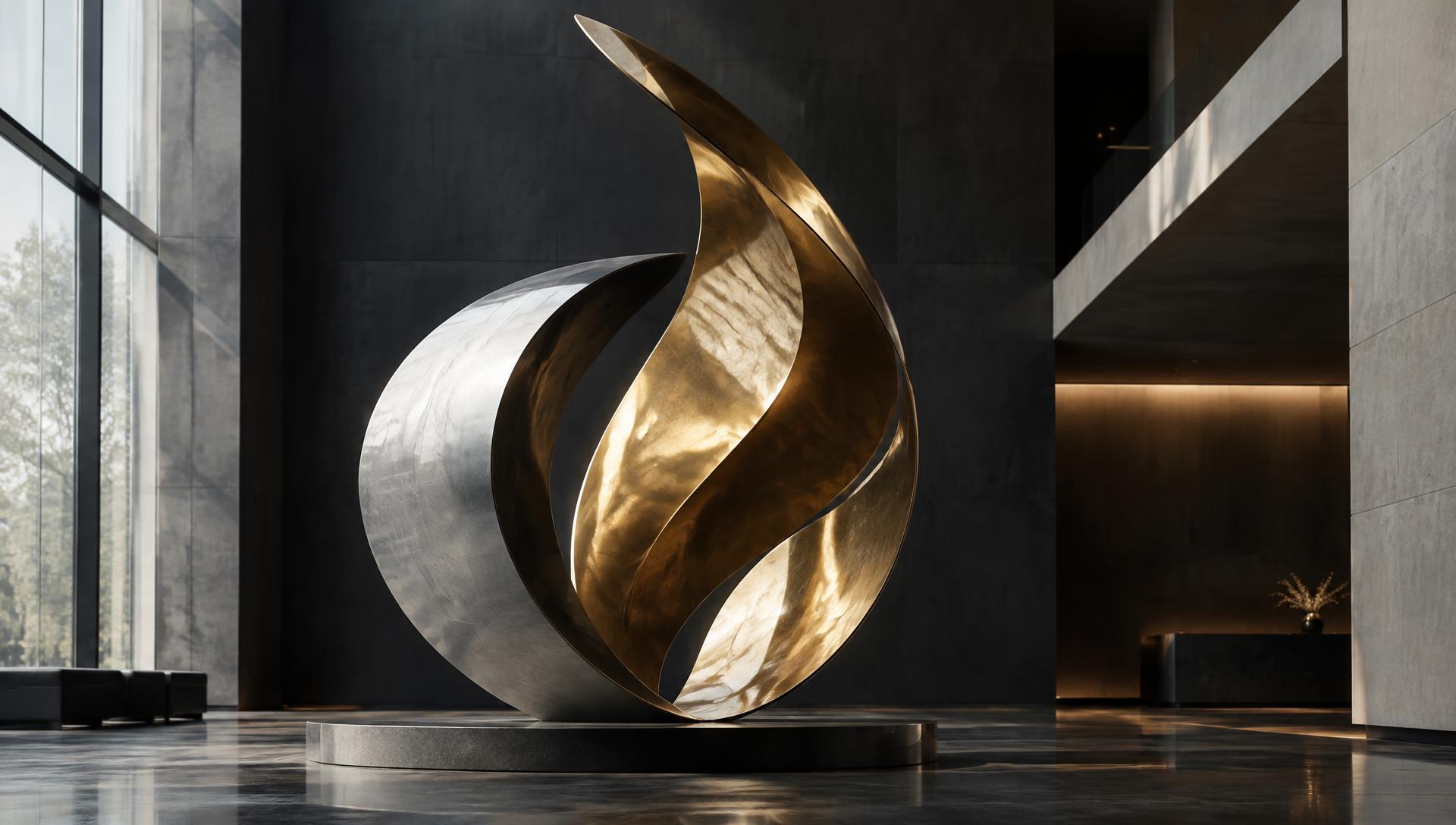 Gold and silver sculpture in a modern atrium