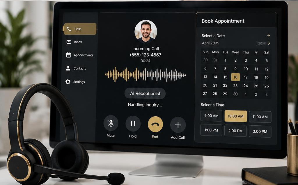 AI call handling and appointment booking concept with a headset