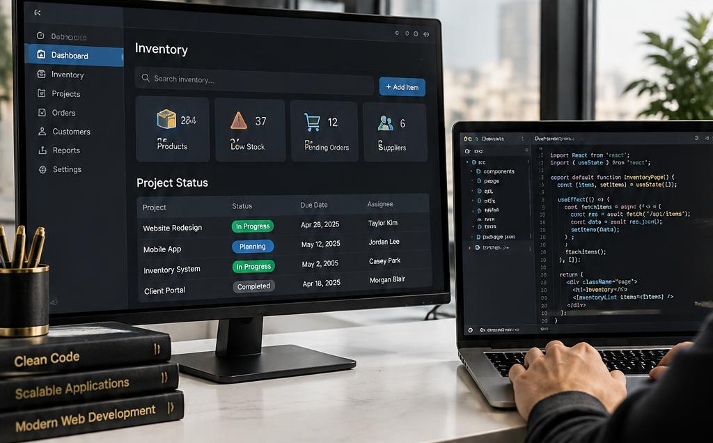 Custom business application concept beside a software editor