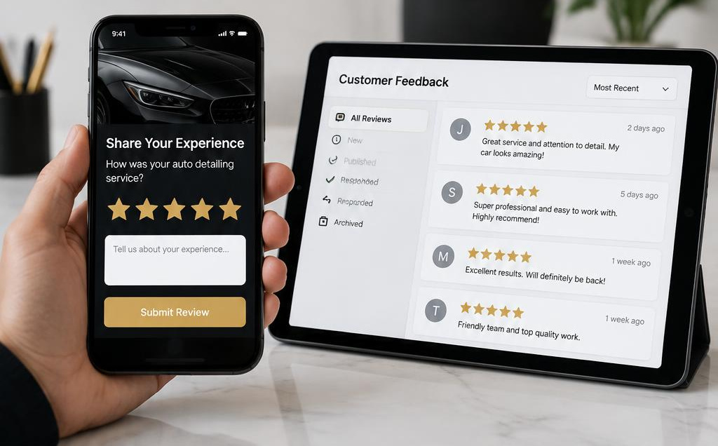 Illustrative review request form on a phone beside a feedback interface