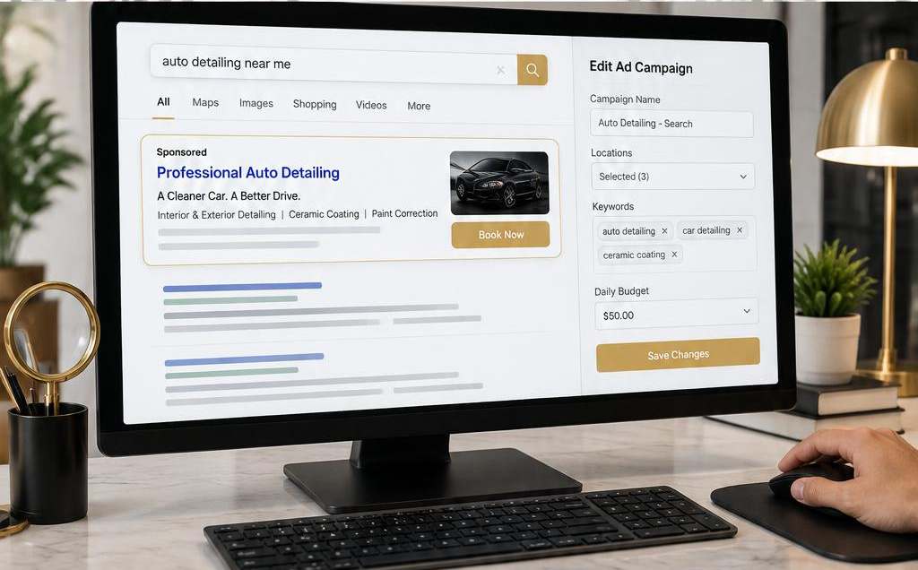 Illustrative search advertisement and campaign management screen